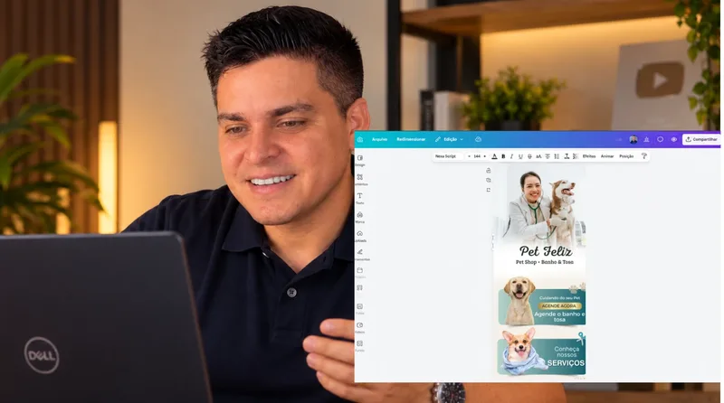 Aula editando um modelo de link na bio de pet shop no Canva pelo computador