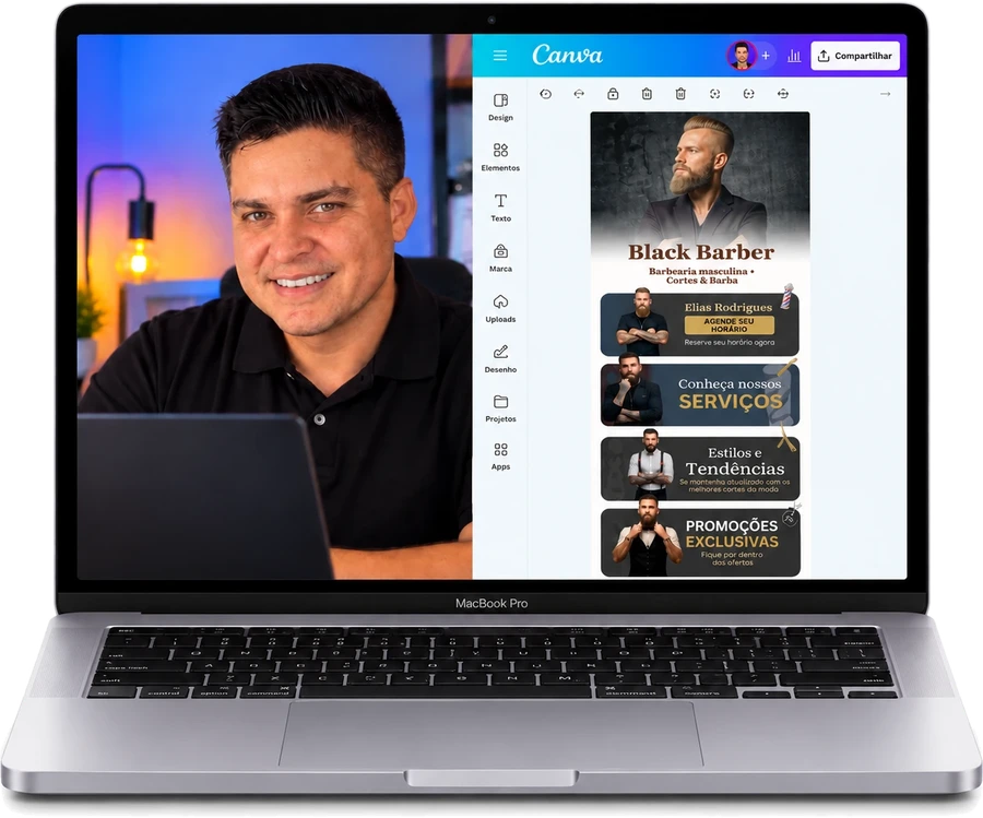 Notebook mostrando Eri Rodrigues e um modelo de link na bio de barbearia sendo editado no Canva
